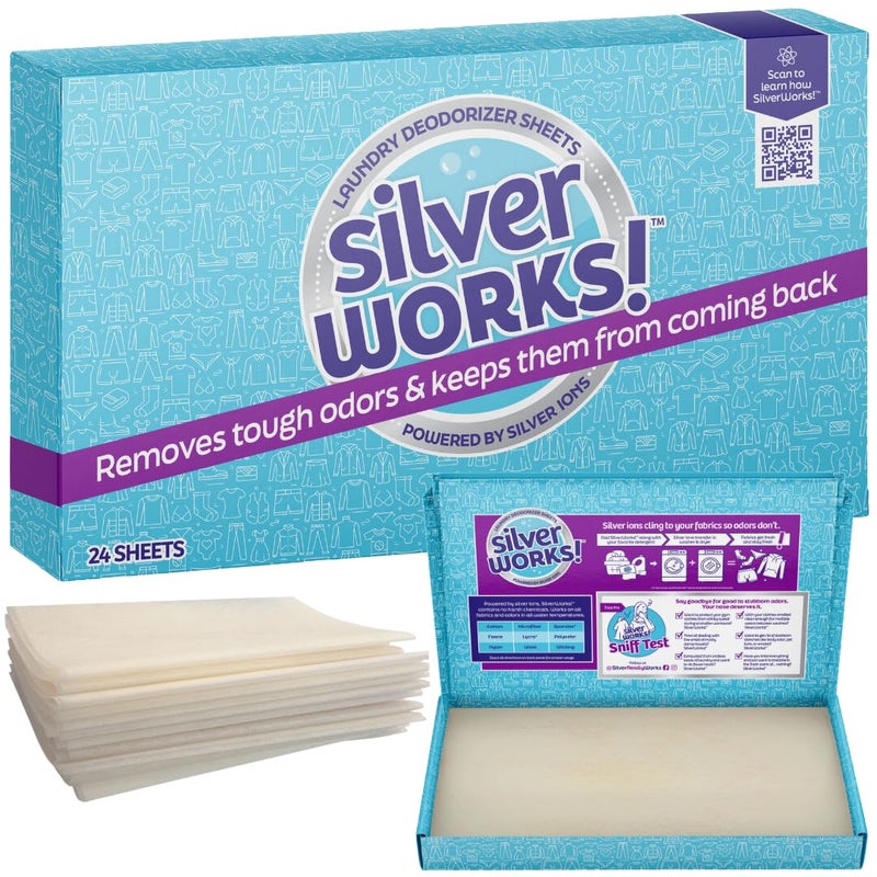 SilverWorks! Deodorizer Laundry Odor Eliminator For Clothes - Natural Silver Ion Infused Washer Sheets - Laundry Deodorizer Odor Eliminator - Lasting Laundry Odor Remover Dryer Deodorizer -24 Loads - Image 1